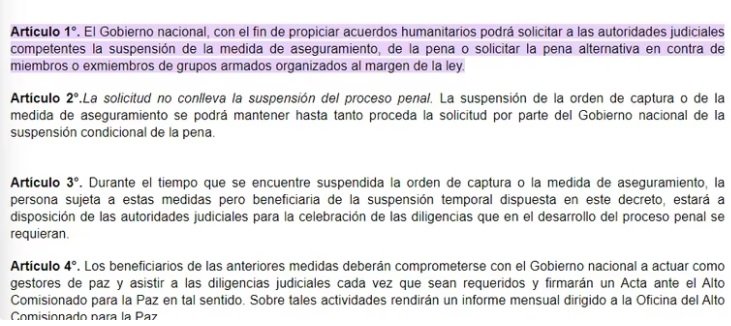 El decreto, expedido durante el gobierno de Juan Manuel Santos, precisa que la solicitud de suspensión de medidas judiciales no conlleva a una suspensión automática del proceso penal. Captura de pantalla (Sistema Único de Información Normativa)